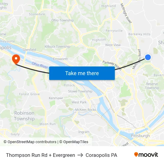 Thompson Run Rd + Evergreen to Coraopolis PA map