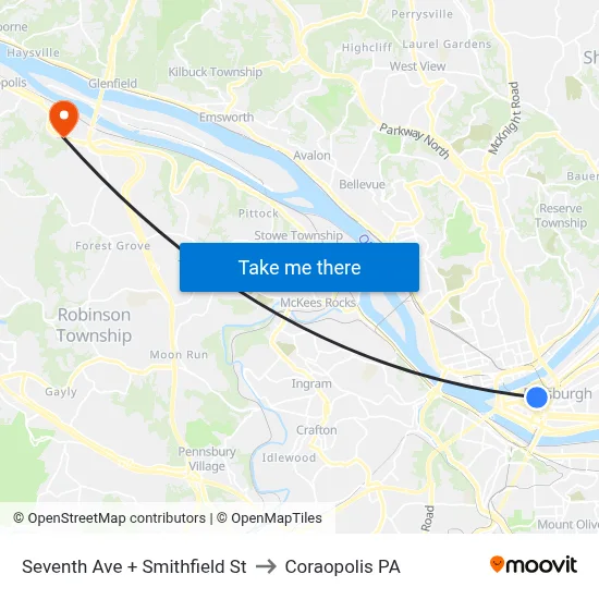 Seventh Ave + Smithfield St to Coraopolis PA map