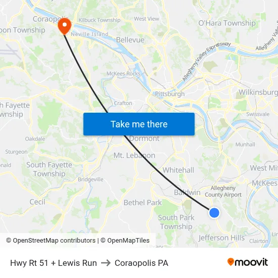 Hwy Rt 51 + Lewis Run to Coraopolis PA map