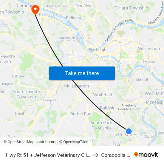 Hwy Rt 51 + Jefferson Veterinary Clinic to Coraopolis PA map