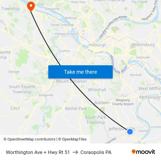 Worthington Ave + Hwy Rt 51 to Coraopolis PA map