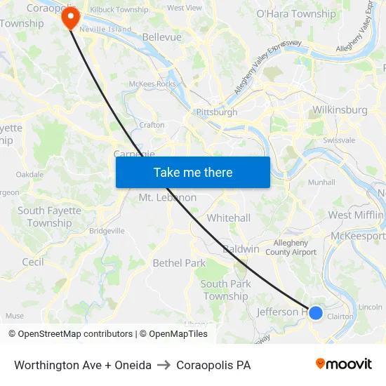 Worthington Ave + Oneida to Coraopolis PA map