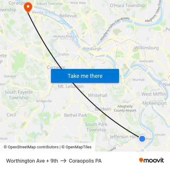 Worthington Ave + 9th to Coraopolis PA map