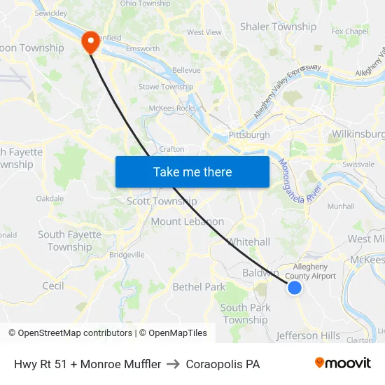 Hwy Rt 51 + Monroe Muffler to Coraopolis PA map