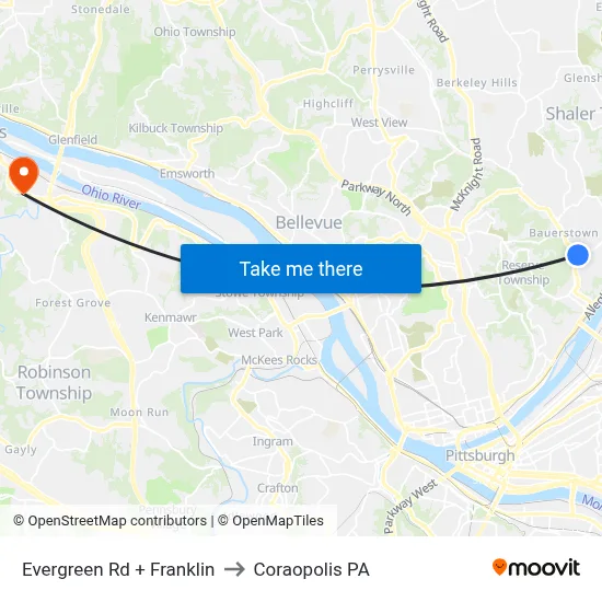 Evergreen Rd + Franklin to Coraopolis PA map