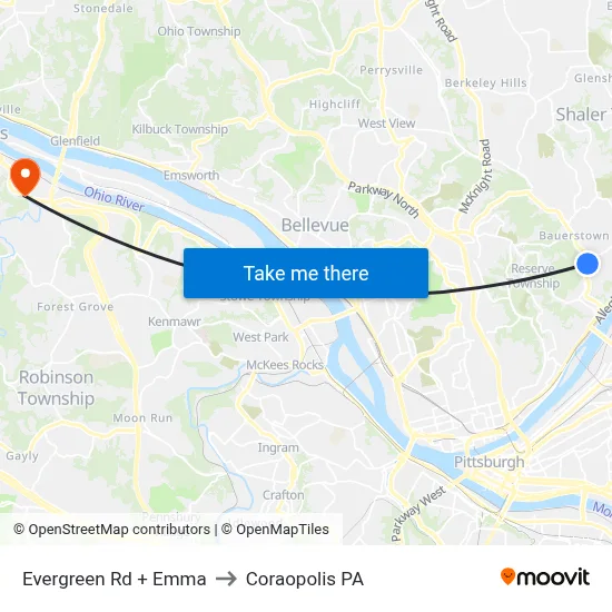 Evergreen Rd + Emma to Coraopolis PA map