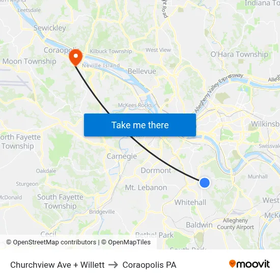 Churchview Ave + Willett to Coraopolis PA map