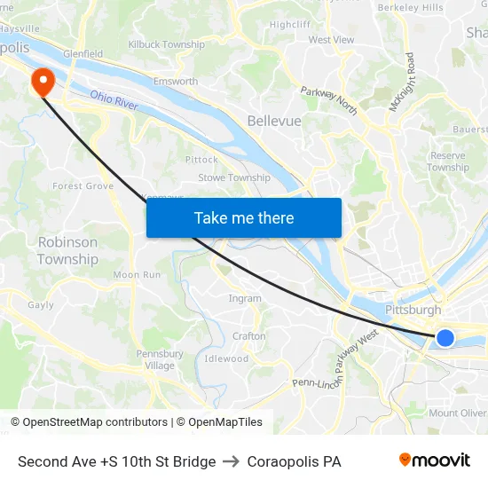 Second Ave +S 10th St Bridge to Coraopolis PA map