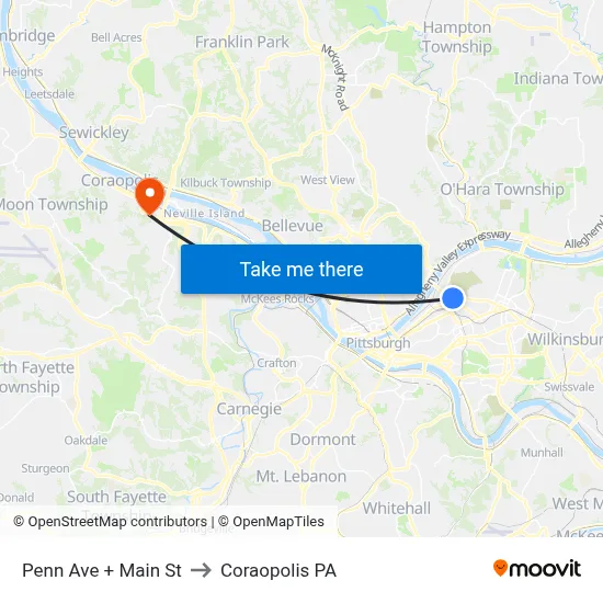 Penn Ave + Main St to Coraopolis PA map