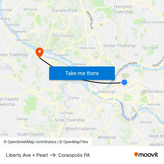 Liberty Ave + Pearl to Coraopolis PA map