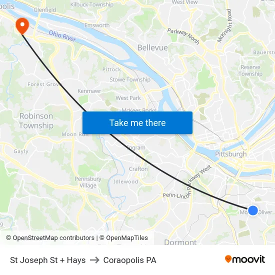 St Joseph St + Hays to Coraopolis PA map