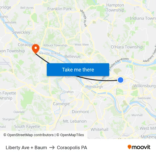 Liberty Ave + Baum to Coraopolis PA map