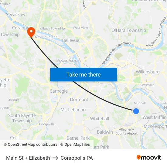 Main St + Elizabeth to Coraopolis PA map