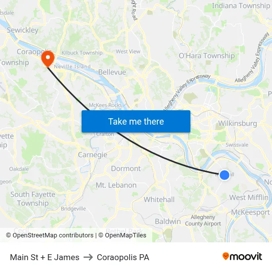 Main St + E James to Coraopolis PA map