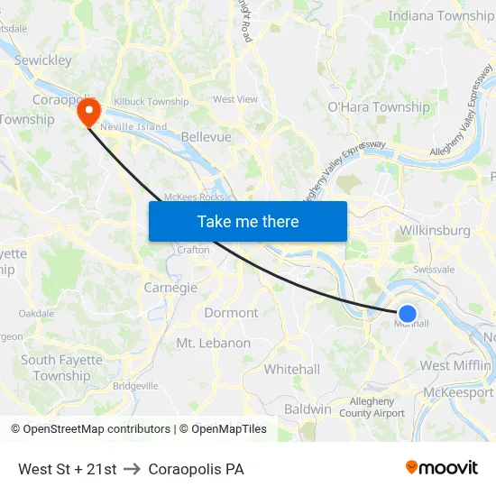 West St + 21st to Coraopolis PA map