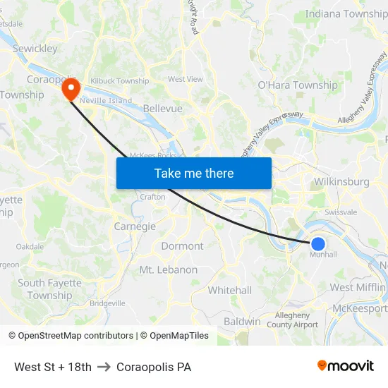 West St + 18th to Coraopolis PA map