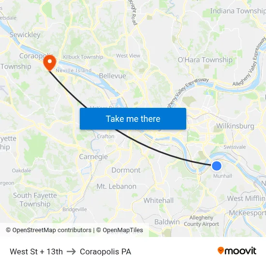 West St + 13th to Coraopolis PA map