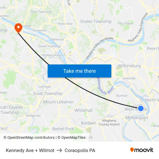 Kennedy Ave + Wilmot to Coraopolis PA map