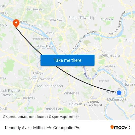 Kennedy Ave + Mifflin to Coraopolis PA map