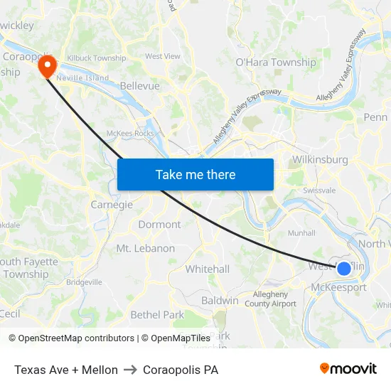 Texas Ave + Mellon to Coraopolis PA map