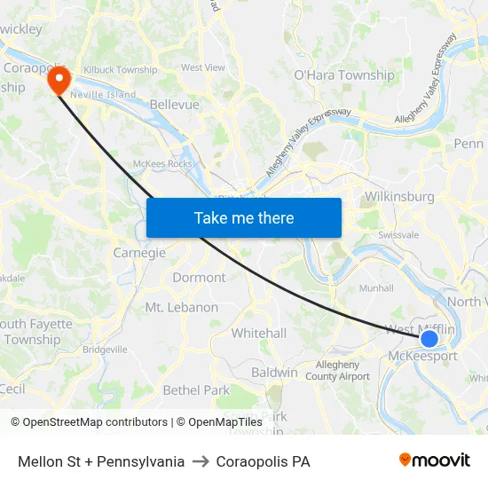 Mellon St + Pennsylvania to Coraopolis PA map