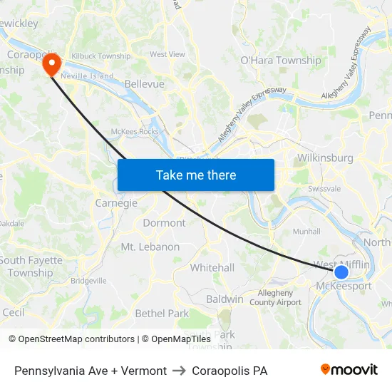 Pennsylvania Ave + Vermont to Coraopolis PA map