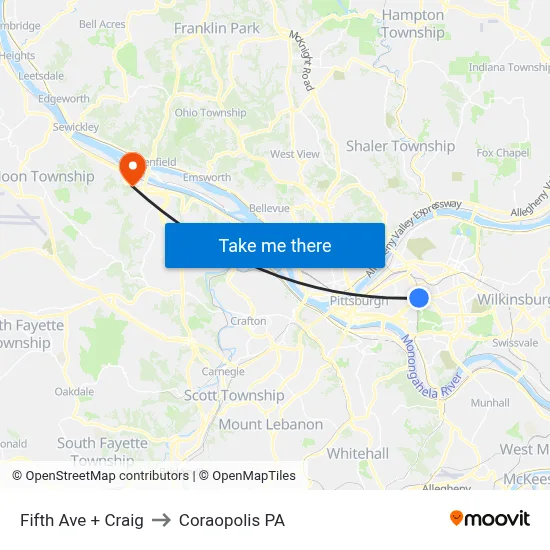 Fifth Ave + Craig to Coraopolis PA map