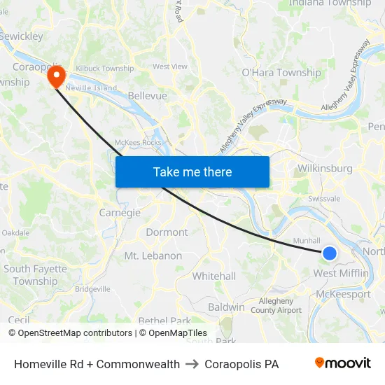 Homeville Rd + Commonwealth to Coraopolis PA map
