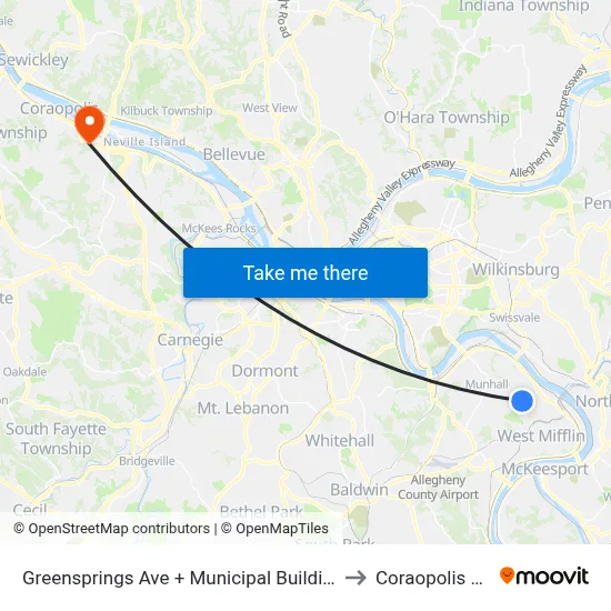 Greensprings Ave + Municipal Building to Coraopolis PA map