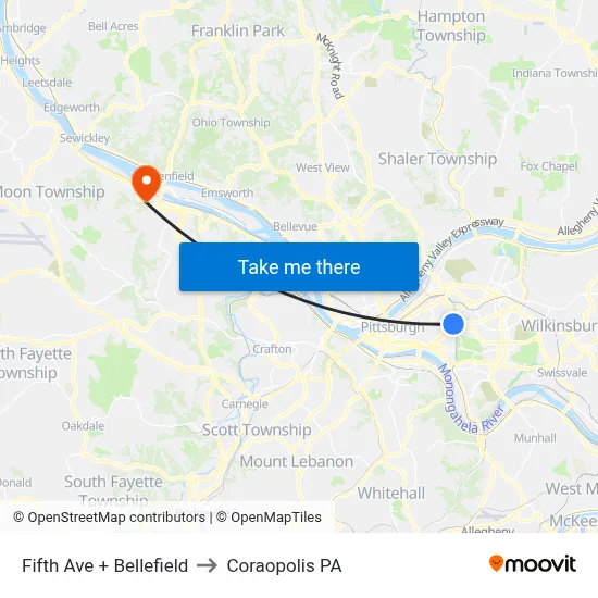 Fifth Ave + Bellefield to Coraopolis PA map