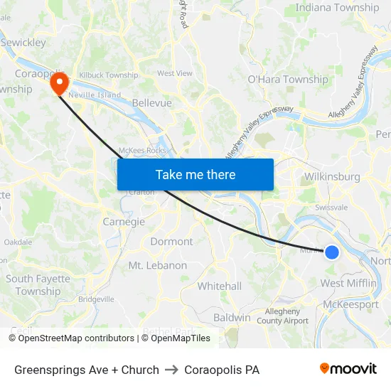 Greensprings Ave + Church to Coraopolis PA map