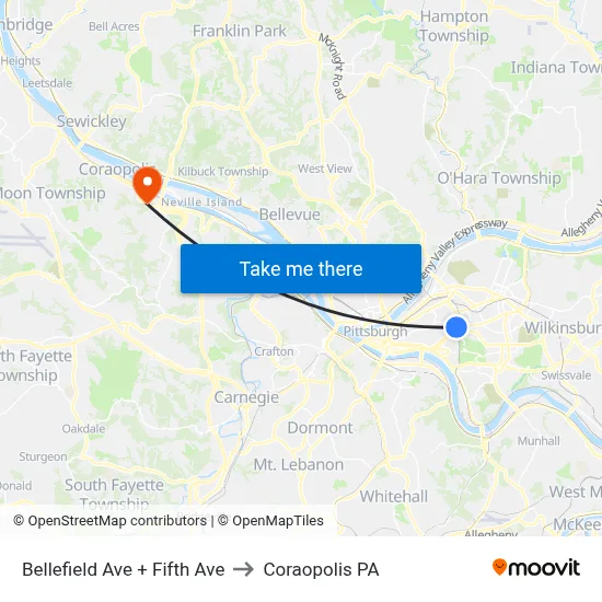 Bellefield Ave + Fifth Ave to Coraopolis PA map