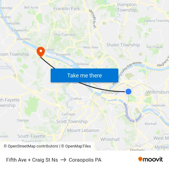 Fifth Ave + Craig St Ns to Coraopolis PA map