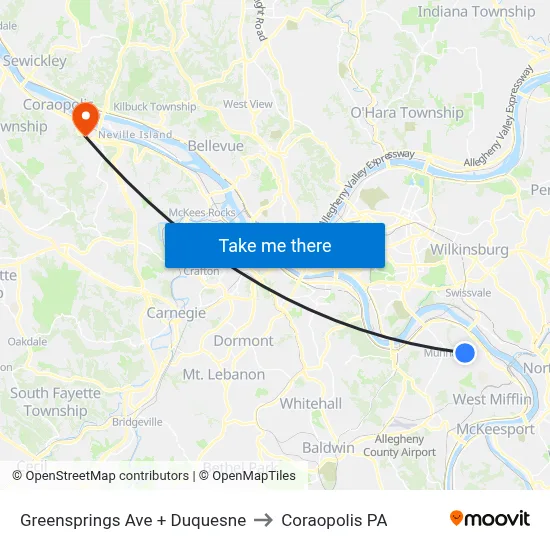 Greensprings Ave + Duquesne to Coraopolis PA map