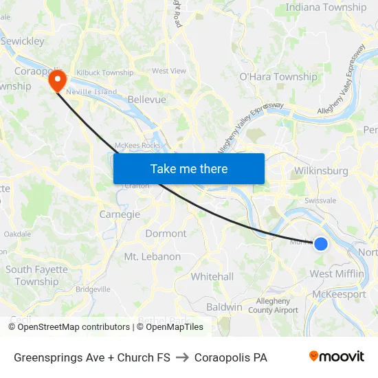 Greensprings Ave + Church FS to Coraopolis PA map