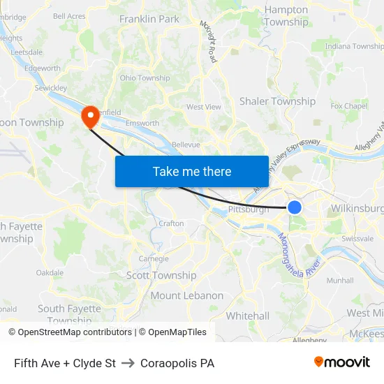 Fifth Ave + Clyde St to Coraopolis PA map