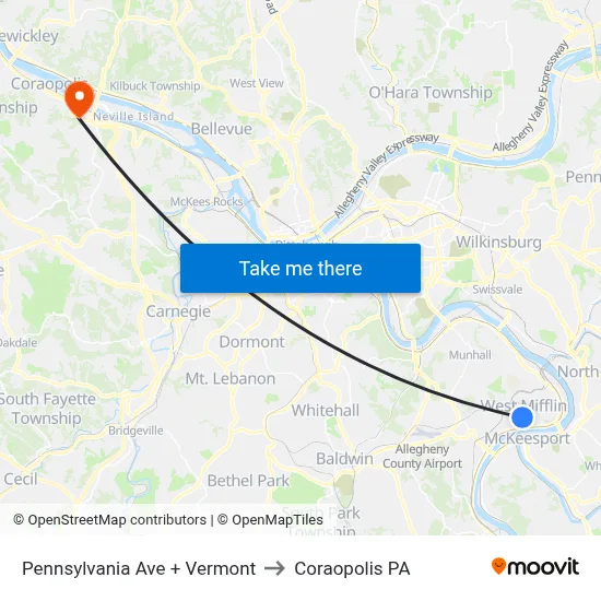 Pennsylvania Ave + Vermont to Coraopolis PA map