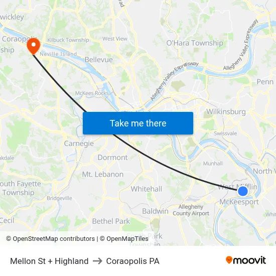 Mellon St + Highland to Coraopolis PA map