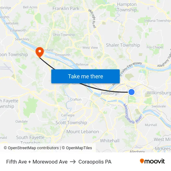 Fifth Ave + Morewood Ave to Coraopolis PA map