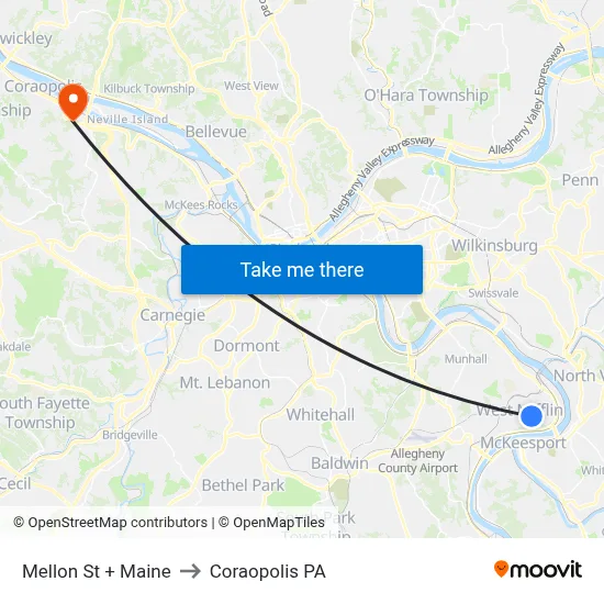 Mellon St + Maine to Coraopolis PA map