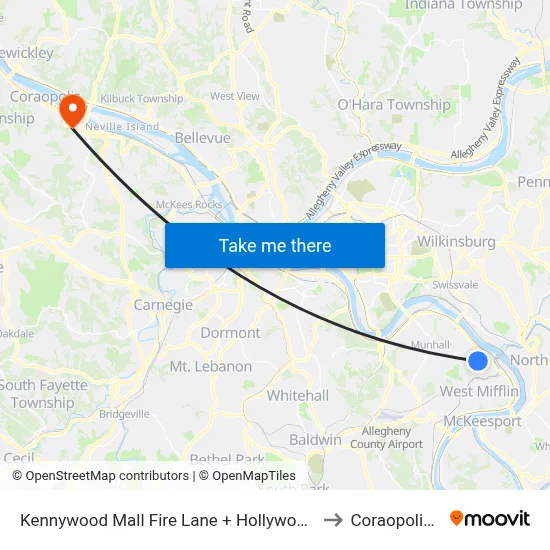 Kennywood Mall Fire Lane + Hollywood Video to Coraopolis PA map
