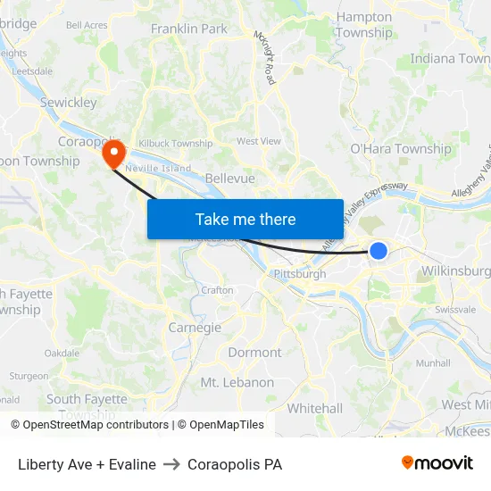 Liberty Ave + Evaline to Coraopolis PA map
