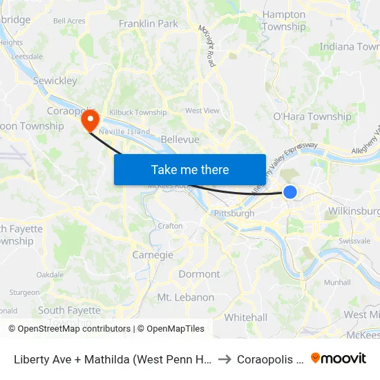 Liberty Ave + Mathilda (West Penn Hosp) to Coraopolis PA map