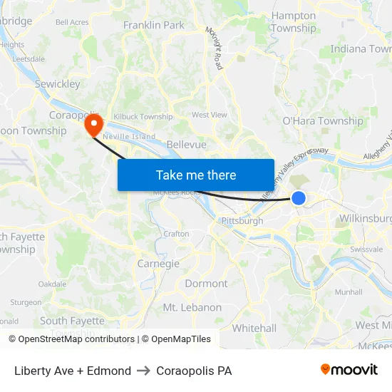 Liberty Ave + Edmond to Coraopolis PA map