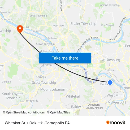 Whitaker St + Oak to Coraopolis PA map