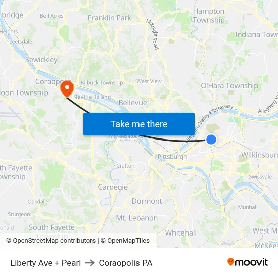 Liberty Ave + Pearl to Coraopolis PA map