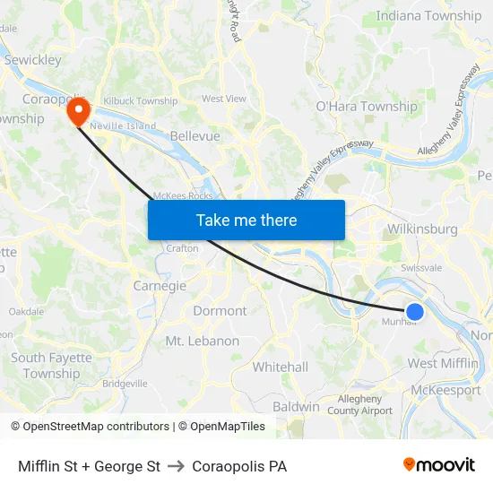 Mifflin St + George St to Coraopolis PA map