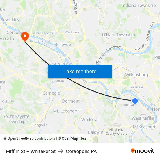 Mifflin St + Whitaker St to Coraopolis PA map