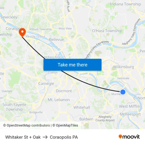 Whitaker St + Oak to Coraopolis PA map