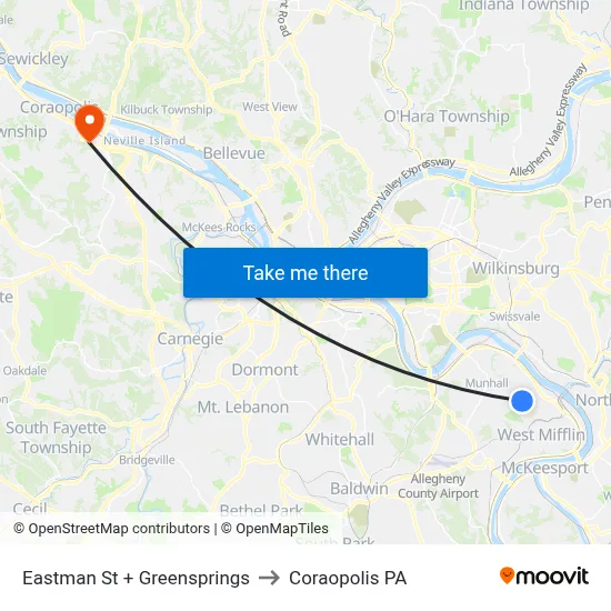 Eastman St + Greensprings to Coraopolis PA map